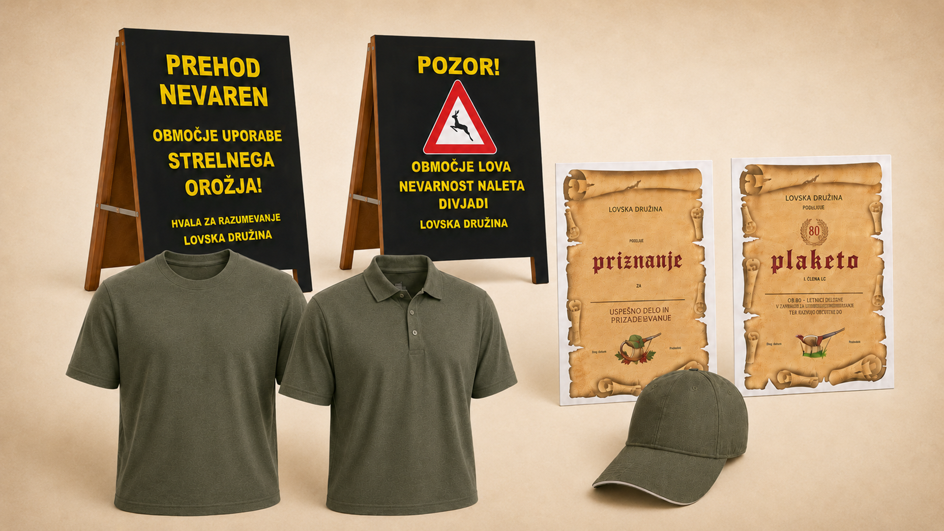Primeri izdelkov za lovske družine: opozorilna tabla, priznanja, majica in kapa